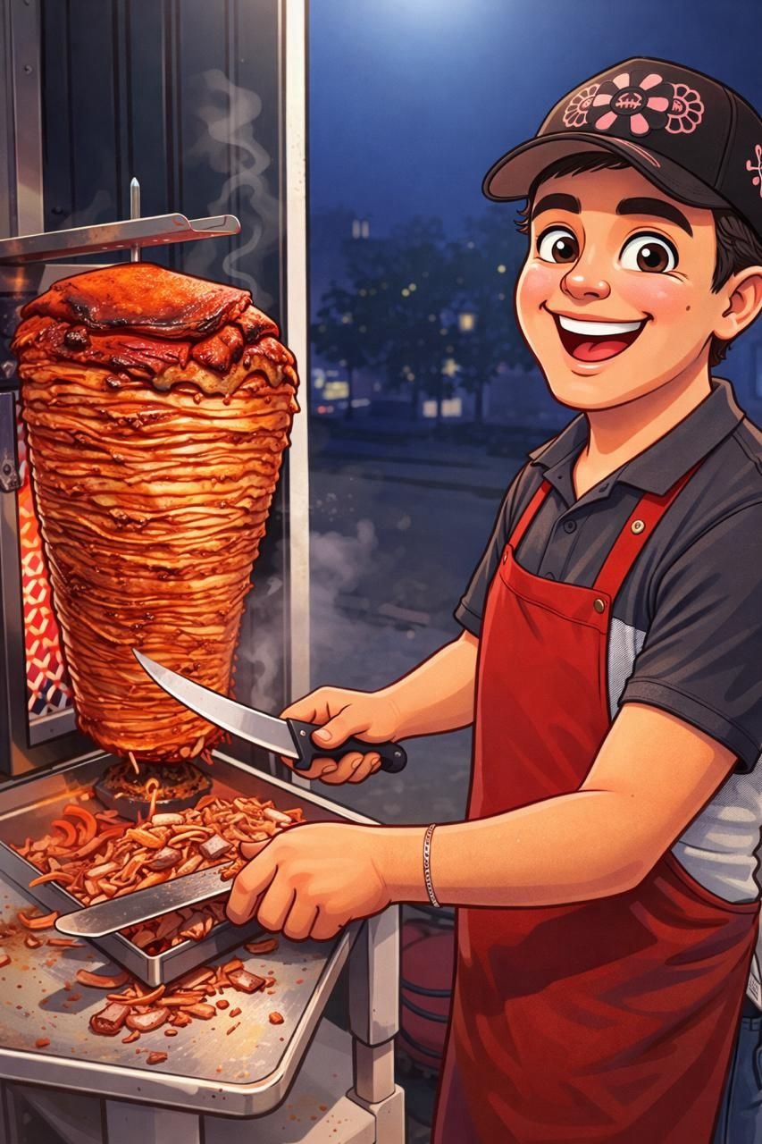 Taquero preparando tacos al pastor